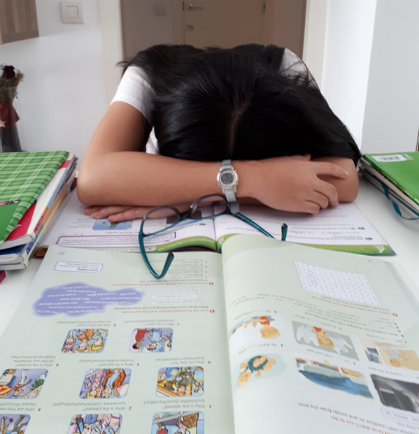 Niña con la cabeza apoyada sobre los libros que ilustra las dificultades en los trastornos del aprendizaje