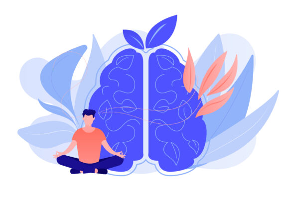 Ilustración de una persona meditando junto a un cerebro que representa la salud mental y la neuropsicología en INCIA